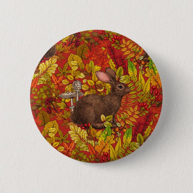 Autumn Rabbit on red 2 Inch Round Button (Front)