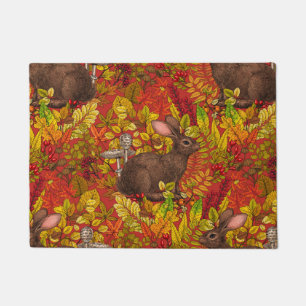 Autumn Rabbit on red Doormat