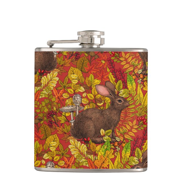 Autumn Rabbit on red Hip Flask (Front)