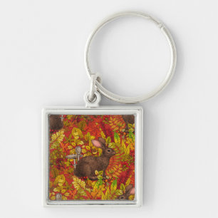 Autumn Rabbit on red Keychain