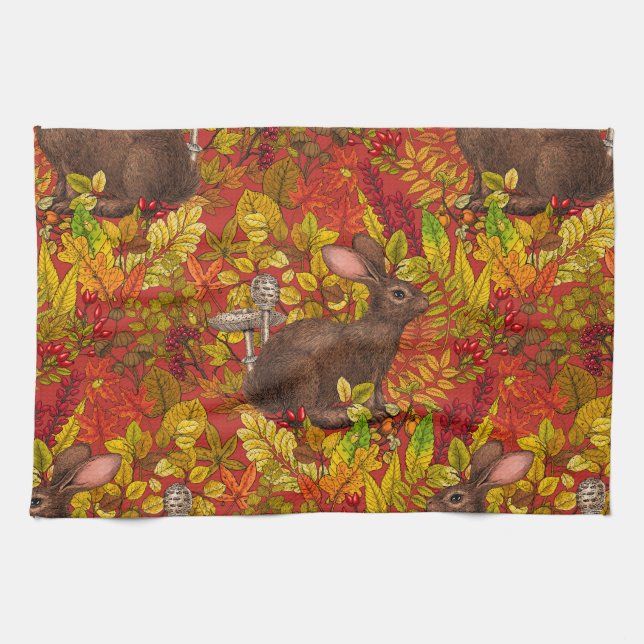 Autumn Rabbit on red Kitchen Towel (Horizontal)