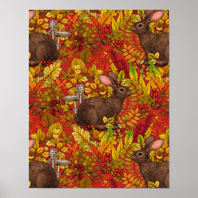 Autumn Rabbit on red Poster (Front)