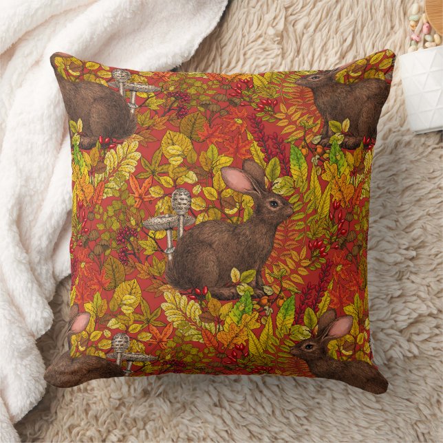 Autumn Rabbit on red Throw Pillow (Blanket)