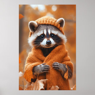 Autumn Raccoon Art Print, Fall Animal in Clothes Poster