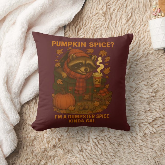 Autumn Raccoon Funny Pumpkin Spice Latte Throw Pillow (Blanket)