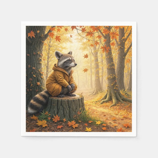 Autumn Raccoon Sitting On a Tree Stump Napkin (Front)