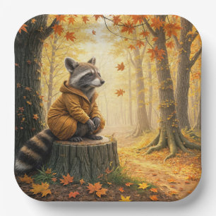 Autumn Raccoon Sitting On a Tree Stump Paper Plate