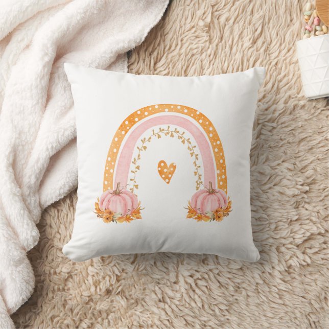 Autumn Rainbow Pink Pumpkin Throw Pillow (Blanket)