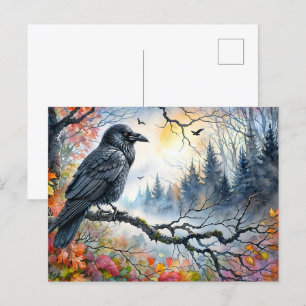 Autumn Raven Watercolor Art Postcard
