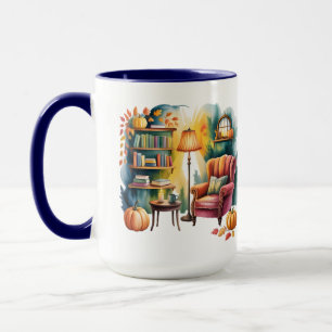 Autumn Reading Chair Mug — Cozy Lamp & Book Corner
