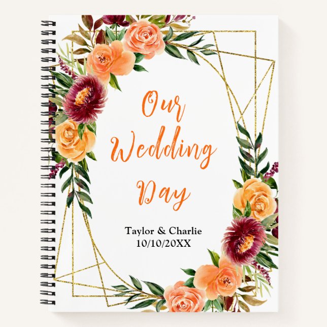 Autumn Red and Orange Floral Wedding Planner Notebook (Front)
