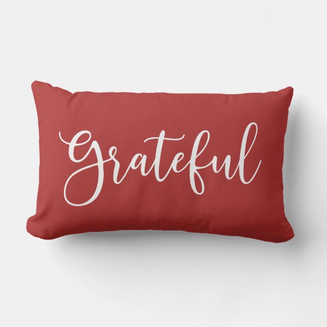 Autumn Red and White Script Grateful Lumbar Pillow (Front)