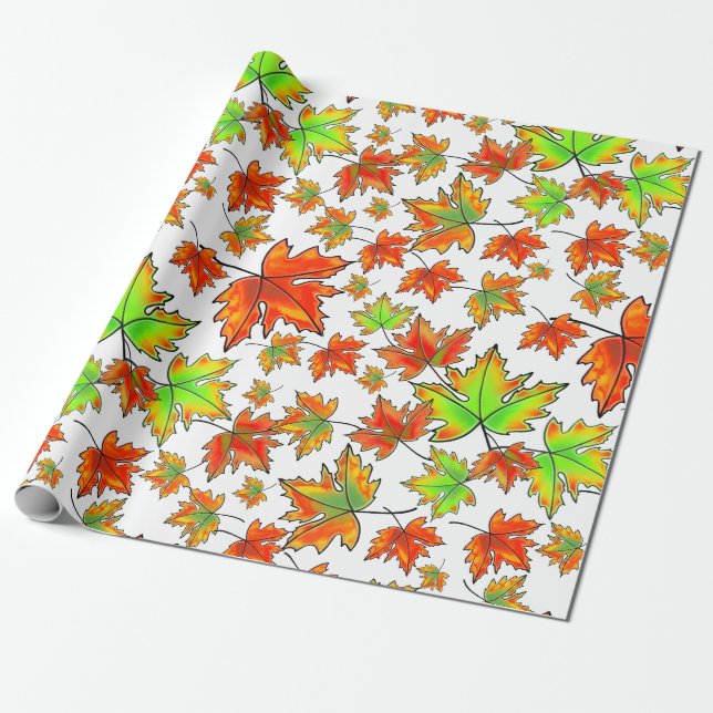 Autumn red green orange leaves maple leaves wrapping paper (Unrolled)