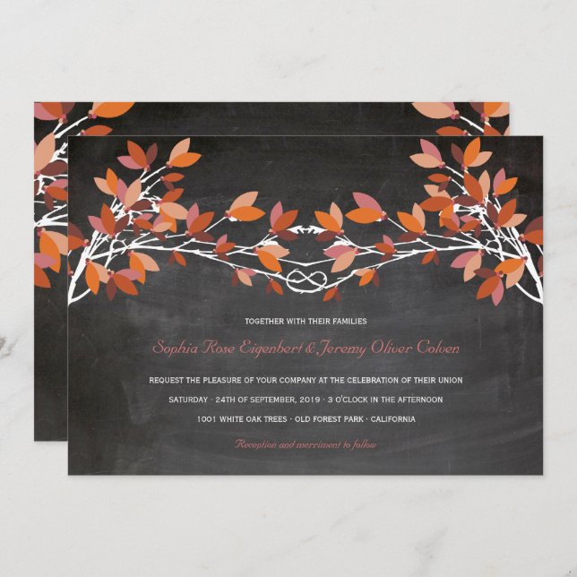 Autumn Red Knotted Love Trees Chalkboard Wedding Invitation (Front/Back)