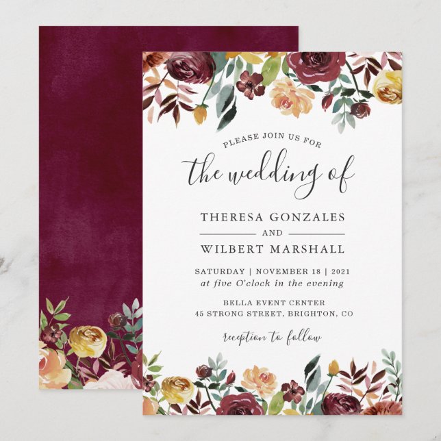 Autumn Red Orange Floral Wedding Invitation (Front/Back)