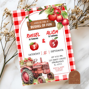 Autumn Red Plaid Apple Sibling Birthday Invitation