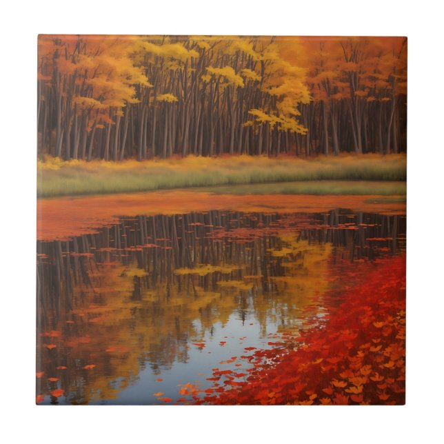 Autumn Reflections A Serene Lake Tile (Front)