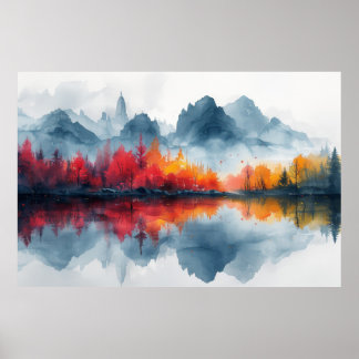 Autumn Reflections: Misty Lake Panorama Poster