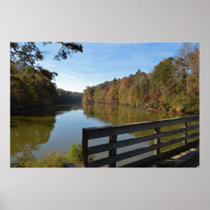 Autumn Reflections On Lake By Rustic Wooden Bridge Poster