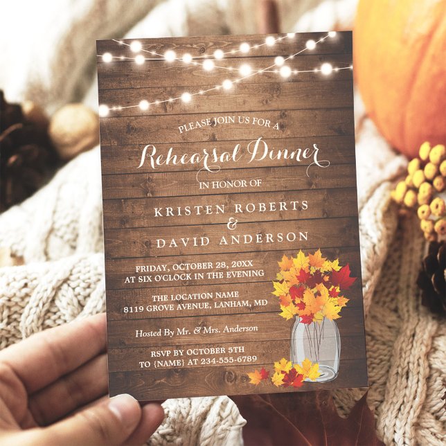 Autumn Rehearsal Dinner Rustic Wood String Lights Invitation (Creator Uploaded)