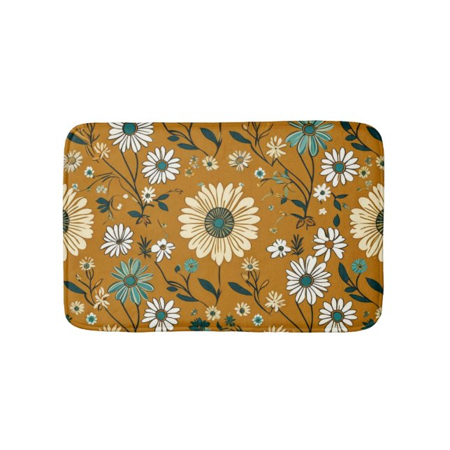 Autumn Retro Boho Mustard Flowers Pattern Bath Mat (Front)