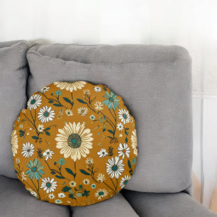 Autumn Retro Boho Mustard Flowers Pattern Round Pillow