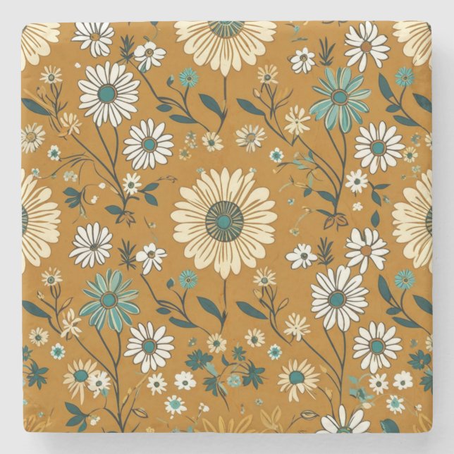 Autumn Retro Boho Mustard Flowers Pattern Stone Coaster (Front)