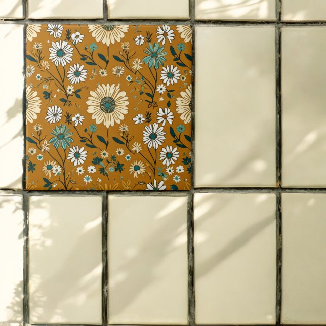 Autumn Retro Boho Mustard Flowers Pattern Tile (Creator Uploaded)