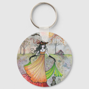 Autumn Reverie Witch and Cat Halloween Art Keychain