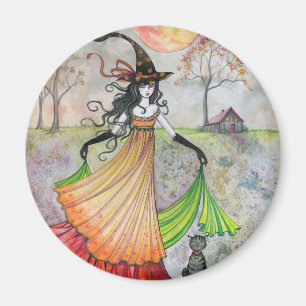 Autumn Reverie Witch and Cat Halloween Art Magnet