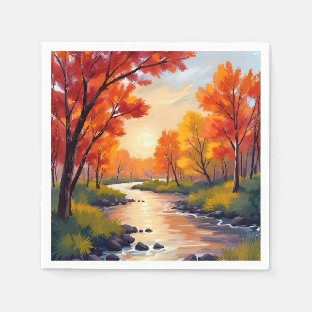Autumn River | Fall Foliage Nature Watercolor Napkin (Front)