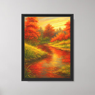 Autumn River Glow with Fiery Red Trees Canvas Print