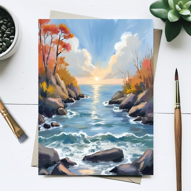 Autumn River Sunlight Fall Landscape Watercolor Postcard (Creator Uploaded)