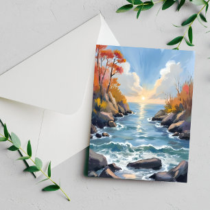 Autumn River Sunlight Landscape Watercolor Card