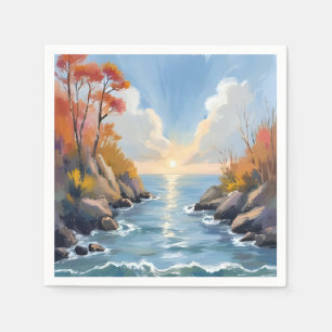 Autumn River Sunlight Landscape Watercolor Napkin