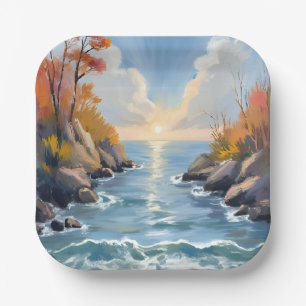 Autumn River Sunlight Landscape Watercolor Paper Plate
