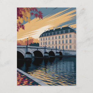 Autumn Riverside European City Illustration Art Postcard