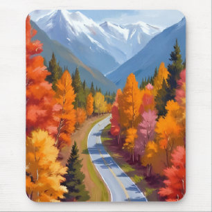 Autumn Road   Fall Foliage Watercolor Nature Mouse Pad