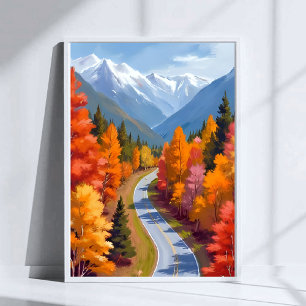 Autumn Road Fall Foliage Watercolor Nature Poster