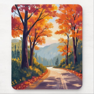 Autumn Road   Watercolor Fall Foliage Leaves Mouse Pad