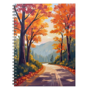 Autumn Road Watercolor Fall Foliage Leaves Notebook