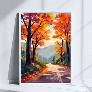 Autumn Road   Watercolor Fall Foliage Leaves Poster