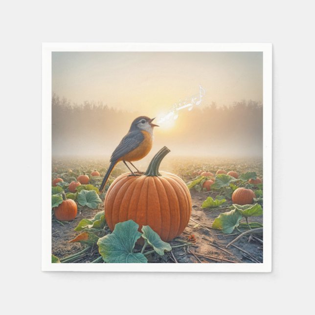Autumn Robin Singing On a Pumpkin Napkin (Front)