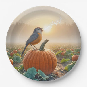 Autumn Robin Singing On a Pumpkin Paper Plate
