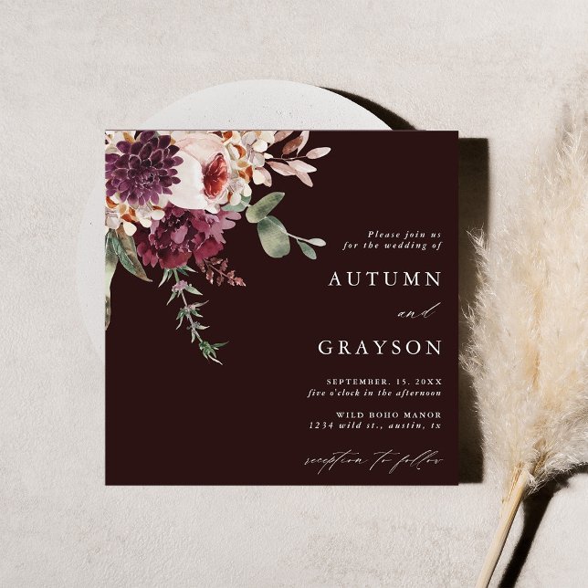 Autumn Romance Burgundy Floral Wedding Square Invitation (Creator Uploaded)