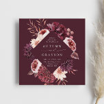 Autumn Romance Burgundy Watercolor Wedding Square Invitation<br><div class="desc">This wedding invitation features a watercolor flower wreath of dahlias,  garden roses,  and peony in burgundy red,  maroon,  blush pink over fall leaves with a diamond shape frame. For more advanced customization of this design,  please click the BLUE DESIGN TOOL BUTTON. Matching items are also available.</div>