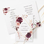 Autumn Romance Elegant Burgundy Wedding Program<br><div class="desc">This wedding ceremony program features a watercolor flower wreath of dahlias,  garden roses,  and peony in burgundy red,  maroon,  blush pink over fall leaves with a faux gold diamond shape frame. For more advanced customization of this design,  please click the BLUE DESIGN TOOL BUTTON. Matching items are also available.</div>