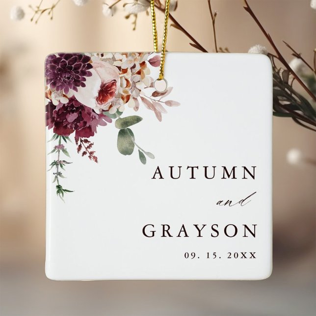 Autumn Romance Elegant Floral Wedding Photo Ceramic Ornament (Creator Uploaded)