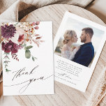 Autumn Romance Elegant Floral Wedding Photo Thank You Card<br><div class="desc">This wedding thank you card features a watercolor flower bouquet of dahlia,  garden rose,  and hydrangea in burgundy red,  maroon,  blush pink over fall leaves with a photo on the back. For more advanced customization of this design,  please click the BLUE DESIGN TOOL BUTTON. Matching items are also available.</div>