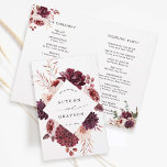 Autumn Romance Floral Burgundy Wedding Program<br><div class="desc">This wedding ceremony program features a watercolor flower wreath of dahlias, garden roses, and peony in burgundy red, maroon, blush pink over fall leaves with a diamond shape frame. For more advanced customization of this design, please click the BLUE DESIGN TOOL BUTTON. Matching items are also available. NOTE: You will...</div>